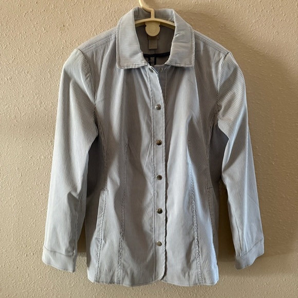 Chico's Snap Button Jacket Blue & White Pin Stripe Blazer Size 12-14 (Chico’s 2) - Picture 1 of 16